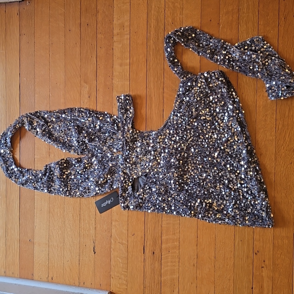 NWT, Alglist, Sequin, Cut-Out, Halter, Mini Dress, Silver, Women's S - Picture 5 of 16